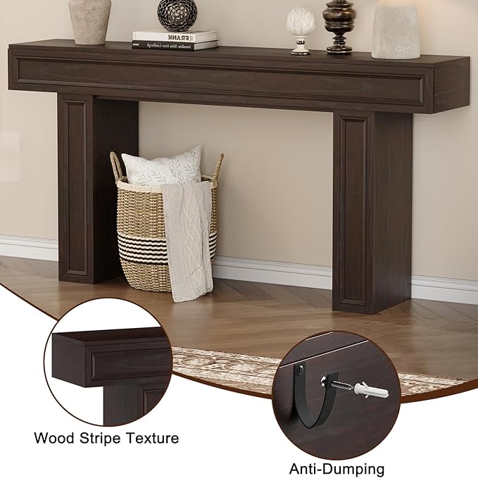 Rresyet 63 Inch Long Console Table, Sofa Table Behind Sofa, Wooden Entryway Table, Farmhouse Entryway Table for Entry, Hallway, Living Room (Cherry)-Ruum Studio Home