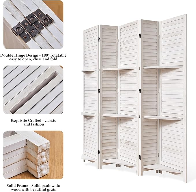 Partition Room Dividers, Folding Wood Privacy Screen with Three Display Shelves Suitable for Home Office, Study, Art Display - 5 Panel, 67 * 64inch (White-Washed)-Ruum Studio Home