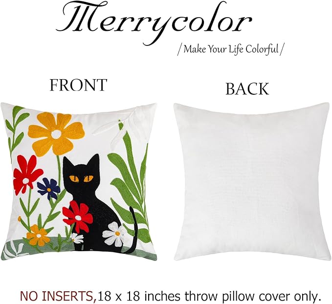 Merrycolor Embroidered Pillow Covers 18x18 Black Cat and Flower Pattern Halloween Decorative Throw Pillow Covers Comfortable Cotton Canvas Square Couch Cushion Cases for Sofa Bed Living Room Decor-Ruum Studio Home