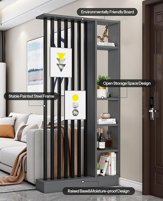 Wall Room Divider, Storage Cabinet Storage Display with Shelves, Modern Freestanding Wood Room Divider Screen, Wall Privacy Screens for Home Decorative (Grey,43.3" L x 9.5" W x 79.5" H)-Ruum Studio Home