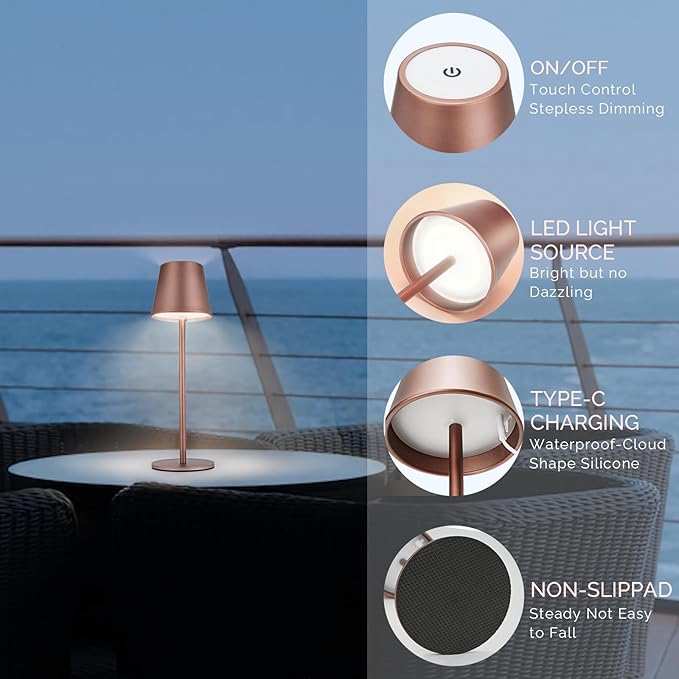 Maksone 2 Pack LED Cordless Table Lamp, 6600mWh Rechargeable Battery Desk Lamp, 3000K Stepless Dimming Night Light, IP54 Waterproof Metal Outdoor Portable Lamp for Camping, Restaurant(Brown)-Ruum Studio Home