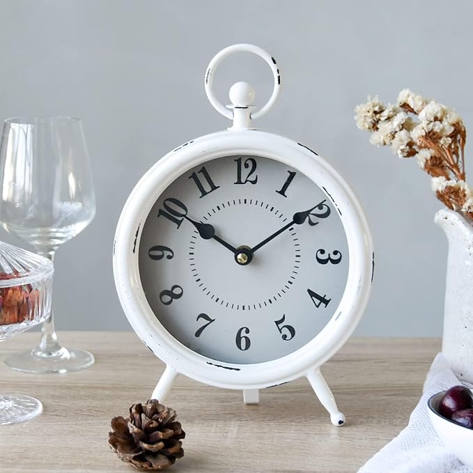 Vintage Rustic White Table Clock on Stand, Decorative Desk and Shelf Clock Farmhouse Mantel Clock Rustic Non-Ticking Clock-Ruum Studio Home