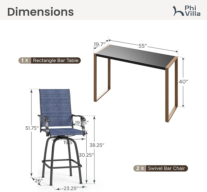 PHI VILLA 3 Piece Outdoor Bar Set, High Top Patio Bistro Table and Bar Chairs with Blue Textilene Fabric & Rustproof Metal Frame for Backyard, Balcony, Garden & Poolside-Ruum Studio Home