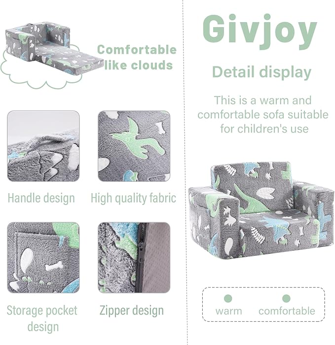 Toddler Chair Kids Couch, 2-in-1 Toddler Soft Sherpa Couch Fold Out Armchair with Removable Cover, Convertible Reading Chair Toddler Sofa for Kids, Glow in The Dark Plush Grey Dinosaur-Ruum Studio Home