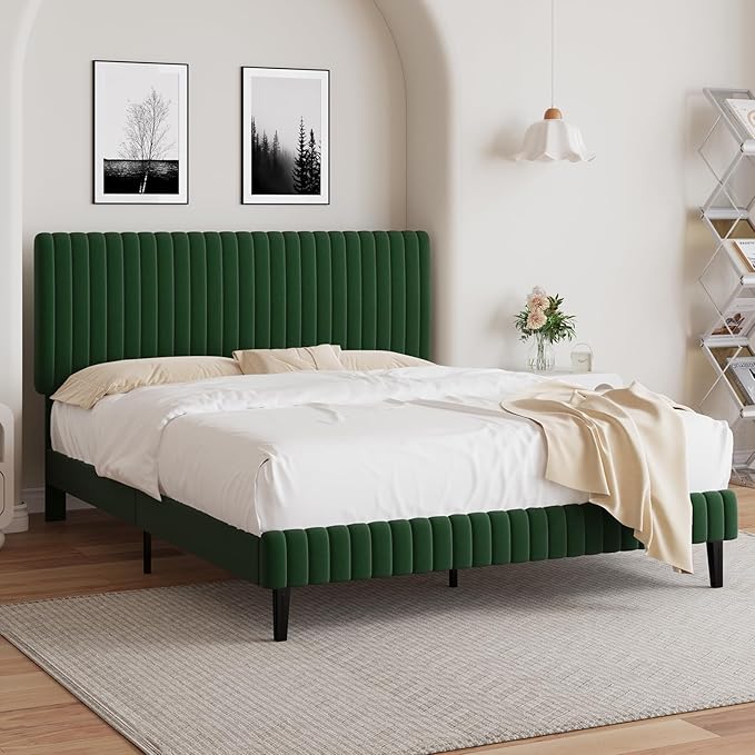 Queen Size Bed Frame, Velvet Upholstered Platform Bed with Vertical Channel Tufted Headboard and Footboard, No Box Spring Required, Easy Assembly, Green-Ruum Studio Home