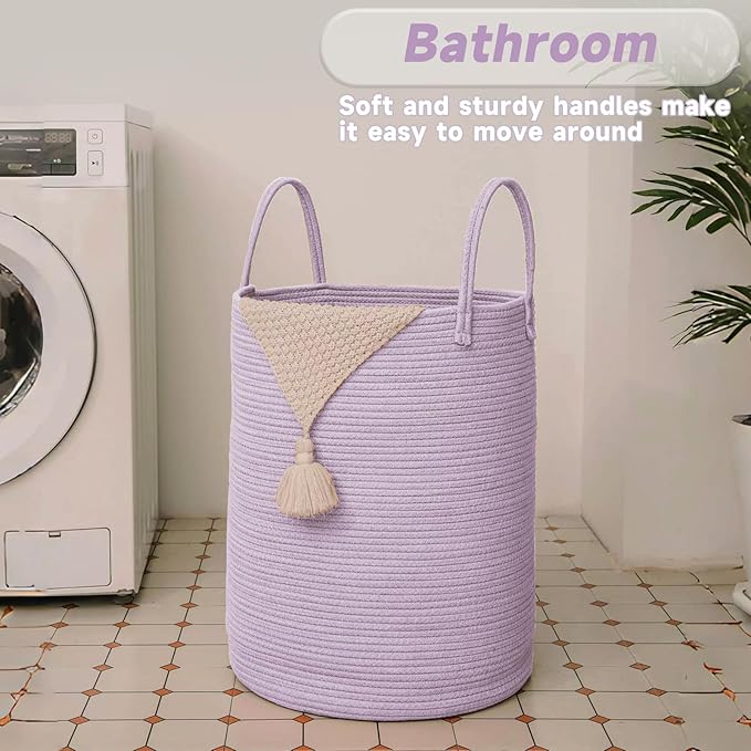 Large Woven Laundry Basket Hamper,60L Cotton Rope Storage Bin for Blankets,Toys and Clothes,Decorative Tall Nursery Hamper for Living Room,Baby Nursery,Bathroom and Bedroom,Purple-Ruum Studio Home
