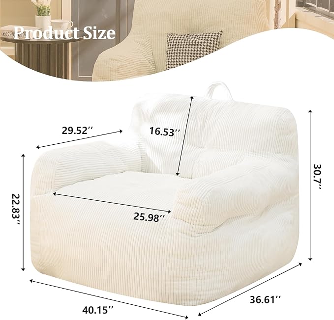 Bean Bag Chair for Adults - Faux Fur, Fluffy and Comfy with Filler, Big Sofa for Reading, Gaming (Beige, Oversize)-Ruum Studio Home