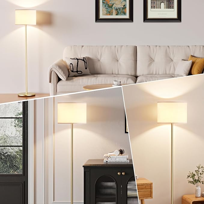 Ambimall 60'' Modern Floor Lamp with Shade, Tall Lamps for Living Room, Bedroom, Office, Dining Room, White Shade with Gold Pole(Without Bulb)-Ruum Studio Home