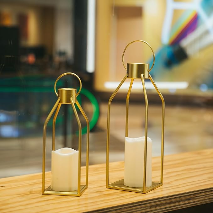 HPC Decor Modern Farmhouse Lantern Decor- Gold Metal Candle Lanterns for Christmas- Lanterns Decorative w/Timer Flickering Candles for Living Room, Home, Indoor, Outdoor, Table,Fireplace Mantle Decor-Ruum Studio Home