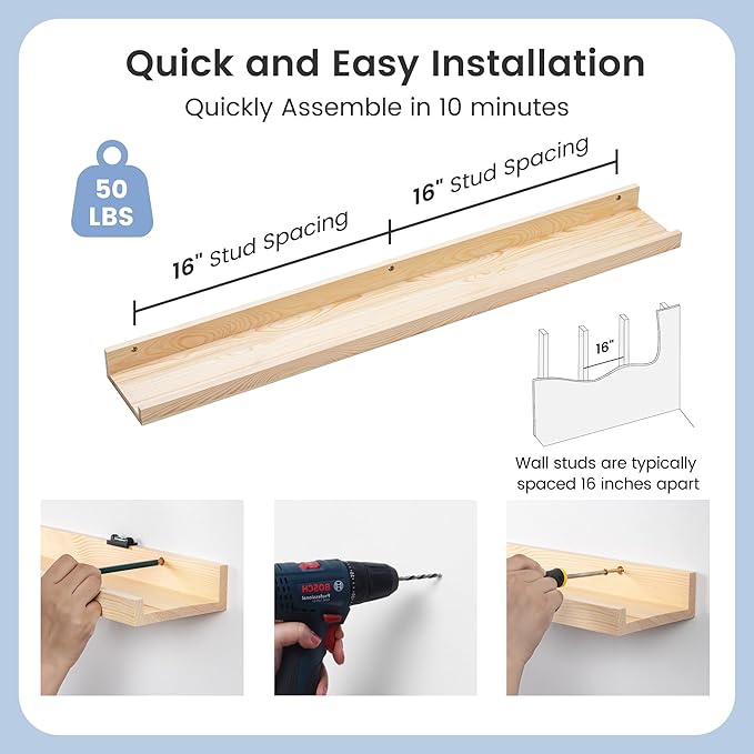 Picture Ledge Shelf for Wall, 36 inches Solid Pine Wood Nursery Book Shelves 3 Packs, Floating Ledge Shelves for Kids' Room Bedroom Bathroom Living Room Photo Frames Office Nursey Wall Decor, Natural-Ruum Studio Home