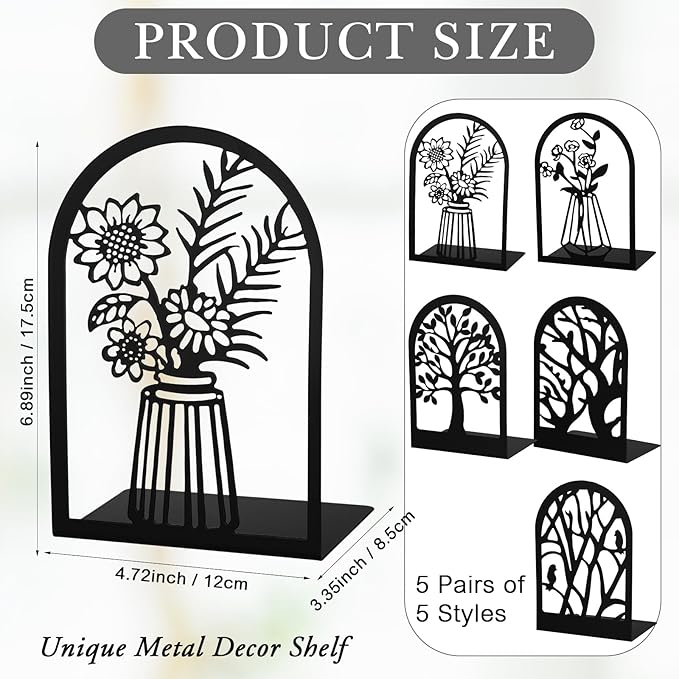 Faccito 5 Pairs Book Ends, Black Metal Bookends for Shelves Decorative, Non Skid Tree Stopper and Flower Shelf Holder for Heavy Books, Home Office School Supplies(Modern)-Ruum Studio Home