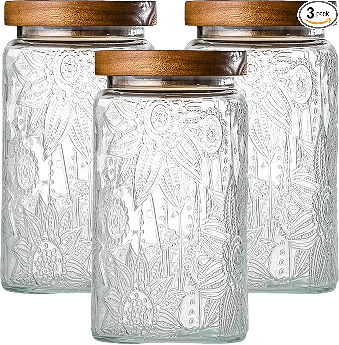 3-Pack 32oz Vintage Glass Jar With Lid, Glass Storage Containers, Airtight Kitchen Storage Containers For Sugar, Coffee, Tea, Spice, Flour, Candy Cookie, Pasta, Cereal-Ruum Studio Home