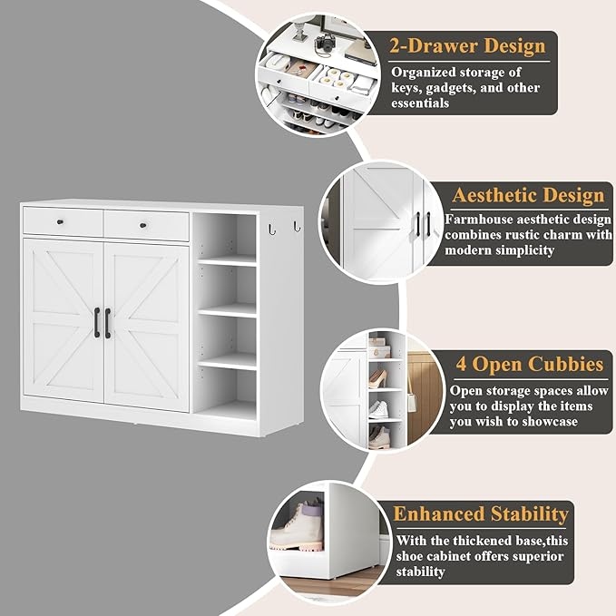 Loomie 5-Tier Shoe Cabinet with 4 Side Cubbies, Farmhouse Shoe Rack Cabinet with 6 Adjustable Shelves & 2 Drawers, Freestanding Shoe Storage Cabinet with 4 Brackets & 2 Hooks for Entryway (White)-Ruum Studio Home