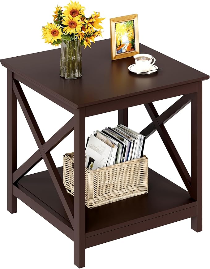 ChooChoo End Table, 24 Inch End Table with 2-Tier Storage Shelf, Side Table for Living Room, Wood Nightstand for Bedroom, Office, Painted Surface, Espresso-Ruum Studio Home