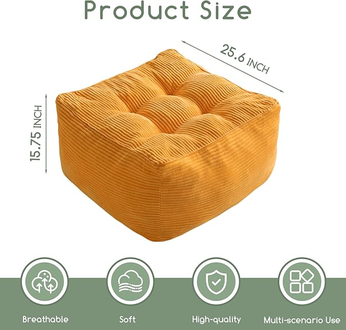 HIGOGOGO Square Stuffed Pouf Ottoman, Corduroy Poufs with Foam Chunk Filling, Furry and Fluffy Pouf Foot Stool Storage Ottoman, 25.6 X 25.6 Floor Poufs Foot Rest for Living Room, Orange-Ruum Studio Home