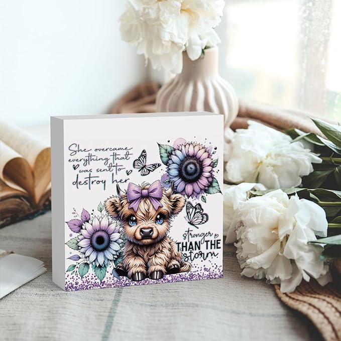 Cute Highland Cow Baby Decor, Highland Cow Sunflower Decor, Highland Cow Gifts for women, Highland Cow Nursery Decor, Wooden Box Decor Sign for Home Farmhouse Office Living Room Table Shelf-Ruum Studio Home