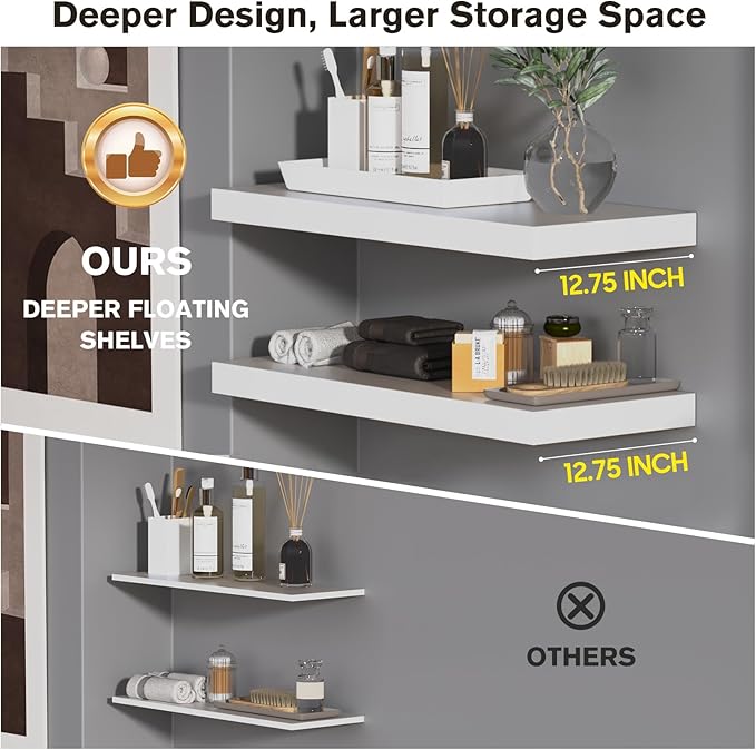 Large Floating Shelves for Wall Set of 3 Wooden Wall Shelves 36 in x 12.75 in x 2 in Room Decor Long Shelf with Invisible Wall Mount Bracket for Bedroom Kitchen Living Room White-Ruum Studio Home