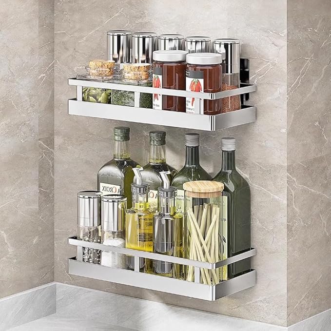 SUS304 Stainless steel Wall Mount Spice Rack Storage Basket - Seasoning Container, Kitchen Spice Organizer -Kitchen Seasoning Hanging Rack - Bathroom Shelf (Silver)-Ruum Studio Home