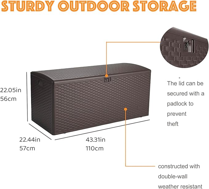 73 Gallon Large Storage Box with Lid,Waterproof Outdoor Storage Container for Patio Furniture Cushions, Gardening Tools, Pool Accessories, Lockable Resin Deck Box with handle Brown-Ruum Studio Home