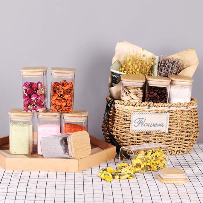 10 Pcs Glass Spice Jars - 8oz Empty Square Spice Storage Containers With Bamboo Airtight Lid and Labels - Thicken Small Glass canister for Kitchen Seasoning,Coffee Bean,Tea,Suger,Herbs-Ruum Studio Home