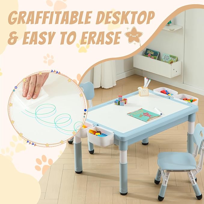 Multi Functional Kids Table and 2 Chairs Set, Graffiti & Building Blocks Double-Sided Tabletop, Toddler Play Table with Drawers, Large Storage Space, Gift for Boys/Girls, Blue-Ruum Studio Home