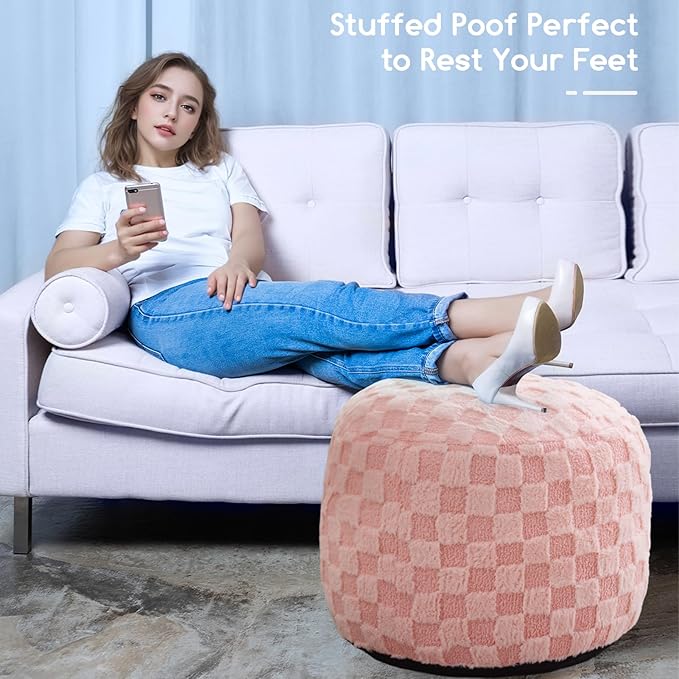 HIGOGOGO Round Stuffed Pouf Ottoman, Plaid Poufs with Foam Chunk Filling, Fluffy and Furry Pouf Foot Stool Storage Ottoman, 26 X 18 Floor Poufs Foot Rest for Living Room, Pink-Ruum Studio Home