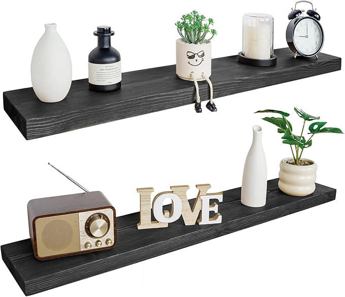 BGMG Wood Floating Shelves 48 inch, Wide Rustic Wooden Wall Shelves for Bathroom Living Room Bedroom Kitchen Farmhouse Set of 2-48x 6.7 x1.25 inch- Black-Ruum Studio Home