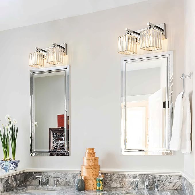 Modern Bathroom Vanity Light 2-Lights Chrome Crystal Bathroom Wall Light Vanity Light Fixtures，12.59-inch Modern Minimalist Design-Ruum Studio Home
