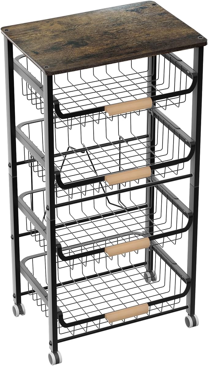 5-Layer Fruit Basket Kitchen Food Organizer and Rack, Stackable Storage Cart with Desktop, Pull-Out Hollow Metal Basket, Wheeled Sorting Rack Spice Rack, Black-Ruum Studio Home
