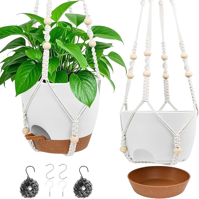 Hanging Planters for Indoor Outdoor Plants, 2 Pack Self Watering Hanging Pot with Drainage Holes, Removable Tray & 2 Kinds of Plant Hangers, 8'' Hanging Flower Pots for Home Garden Decor, White-Ruum Studio Home