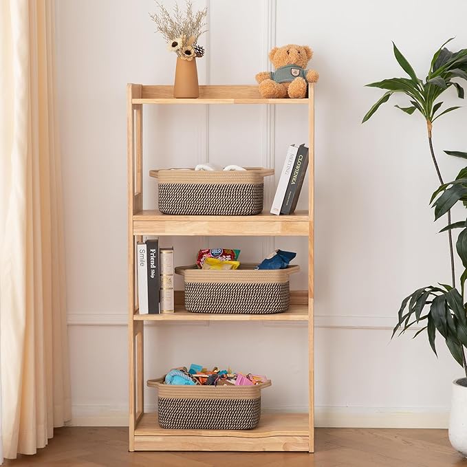 OIAHOMY 3 Pack Storage Baskets for Organizing, Woven Cotton Rope Basket for Shelves, Closet Organizer Bins with Handles, Rectangle Toy Organization, 13.78''×9.84''×5.5'', Brown & Black-Ruum Studio Home