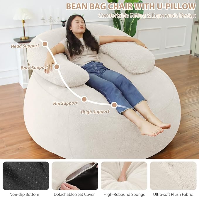 HABUTWAY Bean Bag Chair with U-Shaped Pillow for Adult and Kids Big BeanBag Chair with Filling Ultra Soft Faux Fur Couch Chair with Washable Cover for Living Room Bedroom Office, Beige & Beige-Ruum Studio Home