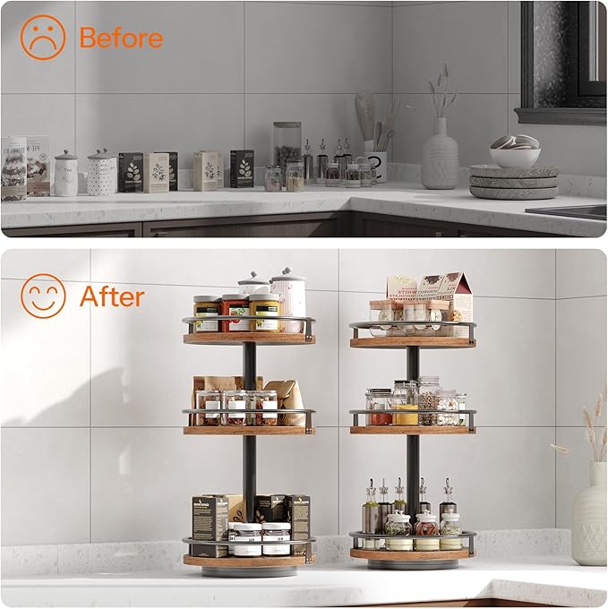 HOOBRO 3-Tier Lazy Susan Organizer, Rotating Spice Rack, Turntable Spice Rack, Vertical Storage Organizer, for Kitchen Countertop, Vanity, Dining Table, Rustic Brown and Black BF09TL01-Ruum Studio Home