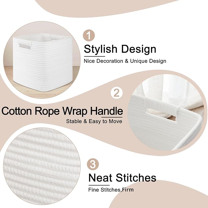 OIAHOMY Storage Cubes 11 Inch - 3 Pack, Cotton Rope Woven Baskets for Organizing, Square Storage Baskets for Shelves Organizer, Classroom, Kids Toy Bins, Closet, Baby Nursery-White-Ruum Studio Home