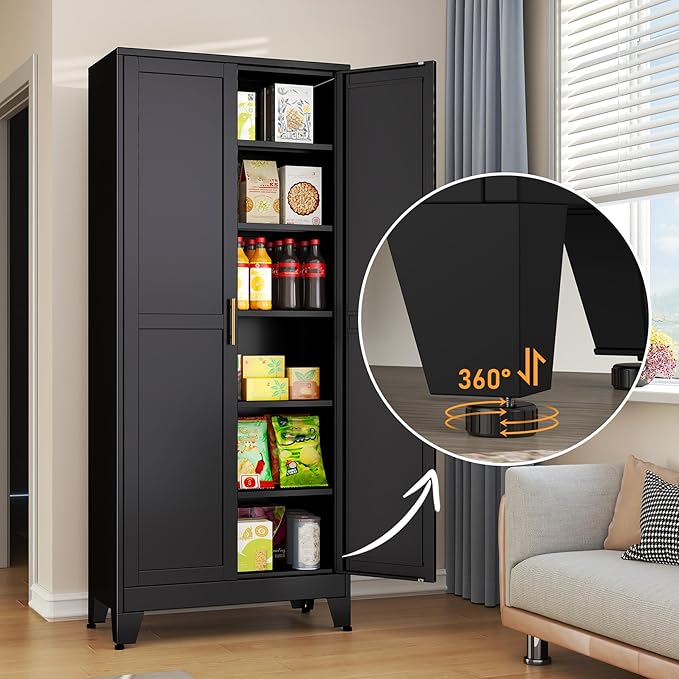 Black Metal Storage Cabinet,75" Steel Cabinets for Home Office, Kitchen Pantry Storage Cabinet with Doors and 5 Adjustable Shelves, Tool Cabinets, for Office, Home, Garage, School-Ruum Studio Home
