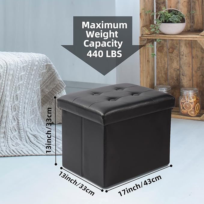 ALASDO Storage Ottoman Footrest Stool Small Ottoman with Storage Foldable Ottoman Leather Foot Rest Footstool Bench for Living Room 17x13x13inches Black-Ruum Studio Home