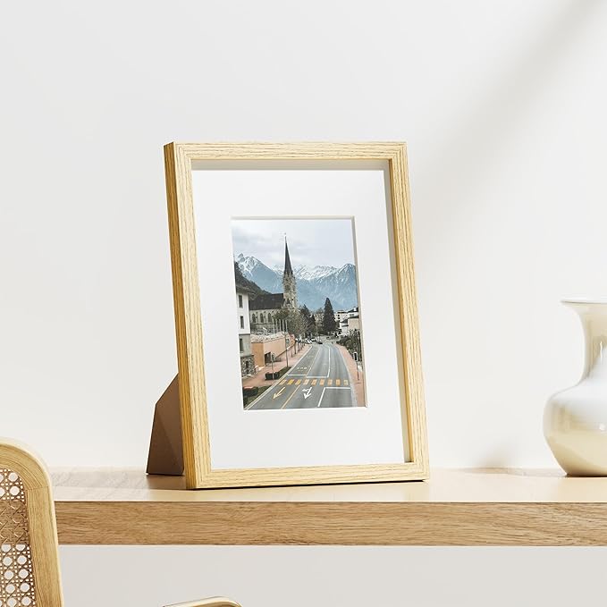 Vittanly 9x12 Picture Frames Set of 9, Shatter Resistant Plexiglass, Display 6x8 Pictures with Mat or 9x12 without Mat, Photo Frames for Wall or Tabletop, Engineered Wood, OAK-Ruum Studio Home
