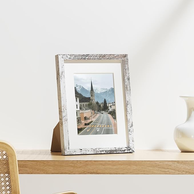 Vittanly 8.5x11 Picture Frames Set of 9, Shatter Resistant Plexiglass, Display 6x8 Pictures with Mat or 8.5x11 without Mat, Photo Frames for Wall or Tabletop, Engineered Wood, Distressed White-Ruum Studio Home