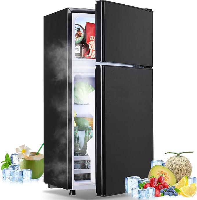 Mini Fridge with Freezer Small Refrigerator Double Door Dorm Fridge for Single Removable Shelves for Bedroom, Office, Dorm Black-Ruum Studio Home