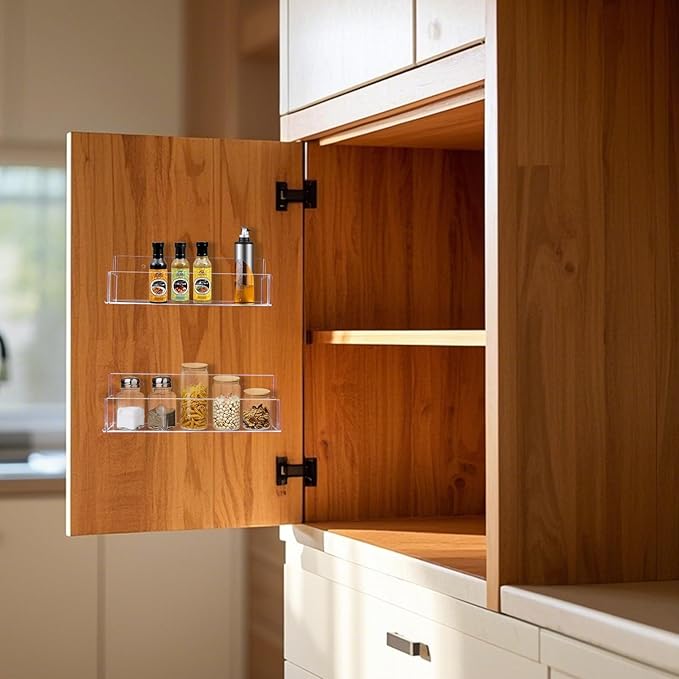 Acrylic Spice Rack Wall Mount-9 Inch, Clear Spice Shelf Storage Holder, 4 Pack Hanging Seasoning Rack Organizer for Cabinet Door, Cupboard or Wall Kitchen (Adhesive or Screw)-Ruum Studio Home