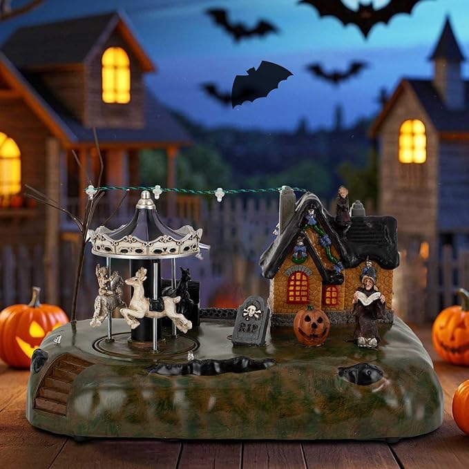 Animated Halloween Carousel Village House, LED Spooky Festival Display Collection Battery Operate, Indoor Use only-Ruum Studio Home