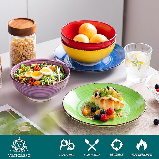 vancasso Bonita Dinnerware Sets, 24 Pieces Multicolor Stoneware Dinner Set for 6, Handpainted Spirals Pattern Ceramic Plates and Bowls Sets Kitchen Plate Set-Ruum Studio Home