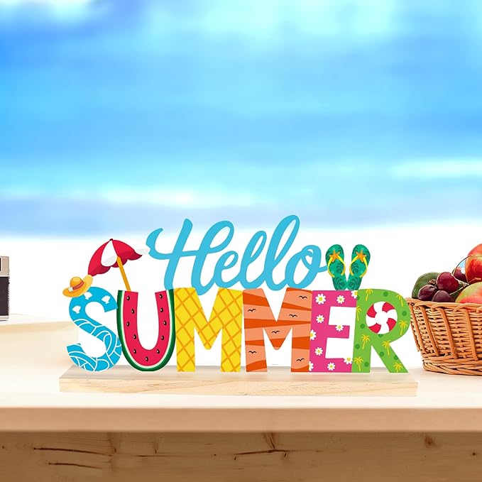 COCHIE Metal Hello Summer Sign, Summer Decorations for Home, Office, Shelf, Mantel, Indoor, Beach Slippers Tabletop Centerpiece Decoration, Watermelon Red Decor (Beach)-Ruum Studio Home