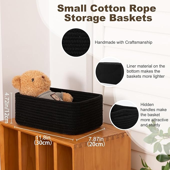 3 Pack Small Storage Baskets for Organizing, Cute Woven Decorative Gift Baskets for Shelves, Mini Closet Organizer Bins with Handles, 11.81''Lx7.87''Wx4.72''H-Black-Ruum Studio Home