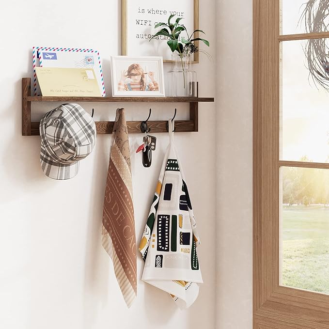 BAMEOS Wall Mounted Coat Rack with Adjustable Easy Install, Rust Proof, Brown Wooden Material, 28.9 Inch Length-Ruum Studio Home