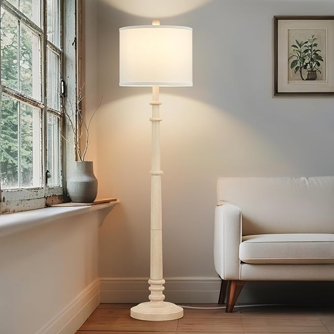 Floor Lamps for Living Room - 60" Resin Farmhouse Floor Lamp with 3 Color Temperatures - Vintage Standing Lamp Reading Light with Linen Shade Rustic Tall Lamp for Bedroom Office, Oatmeal Wash-Ruum Studio Home