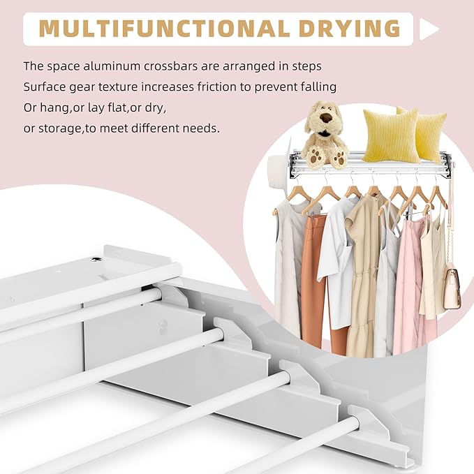 Wall Mounted Drying Rack with 4 Hooks and Shelf, Foldable Clothes Drying Rack for Laundry Room, Collapsible Laundry Rack Wall Mount, for Indoor Outdoor Hanging Clothes, 23.6 Inch-Ruum Studio Home