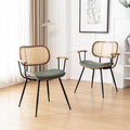 Rattan Dining Room Chairs Set of 2,Mid Century Modern Kitchen Side Chairs,Metal Legs Desk Chair,Faux Leather Accent Chair with Arms and Rattan Backrest Green PU-Ruum Studio Home
