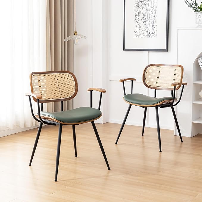 Rattan Dining Room Chairs Set of 2,Mid Century Modern Kitchen Side Chairs,Metal Legs Desk Chair,Faux Leather Accent Chair with Arms and Rattan Backrest Green PU-Ruum Studio Home