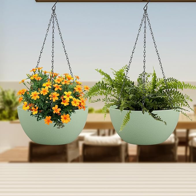 8 inch Small Hanging Planters Plant Pots for Indoor Outdoor Plants, 2 Pack Hanging Flower Pots with Drainage Holes and Chain for Garden Porch, Plastic Hanging Baskets for House Plants, Green-Ruum Studio Home